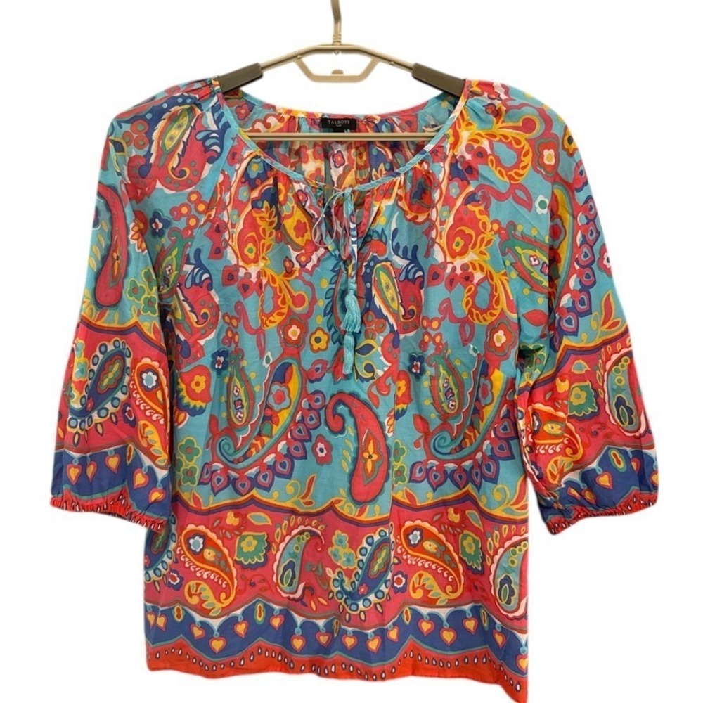 Talbots Plus Paisley Print Tassel Tie Neck 3/4 Sleeve Tunic Top Women‎ 1X Boho